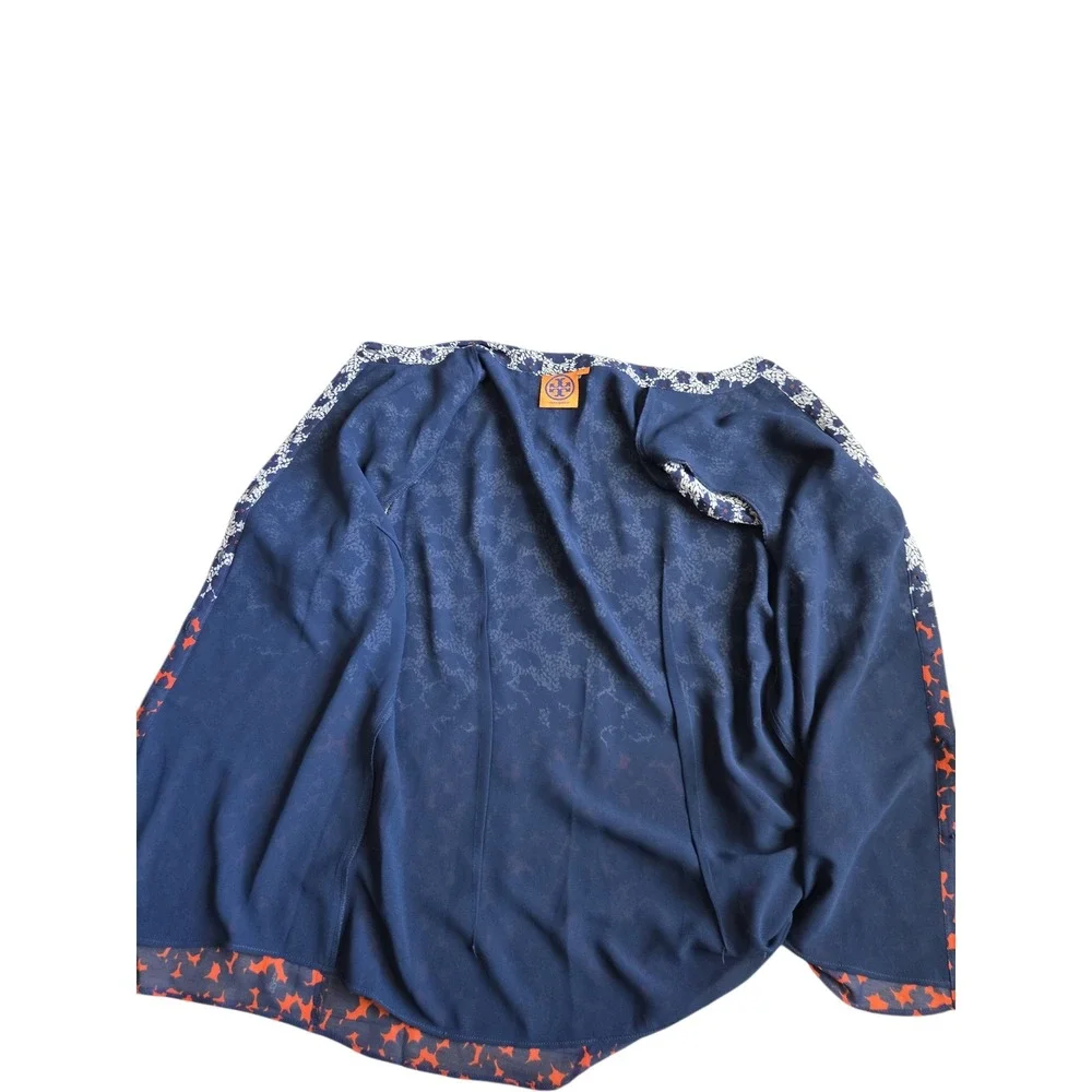Tory Burch Navy Orange Floral Silk Button Down Mandarin Collar Blouse Size 4